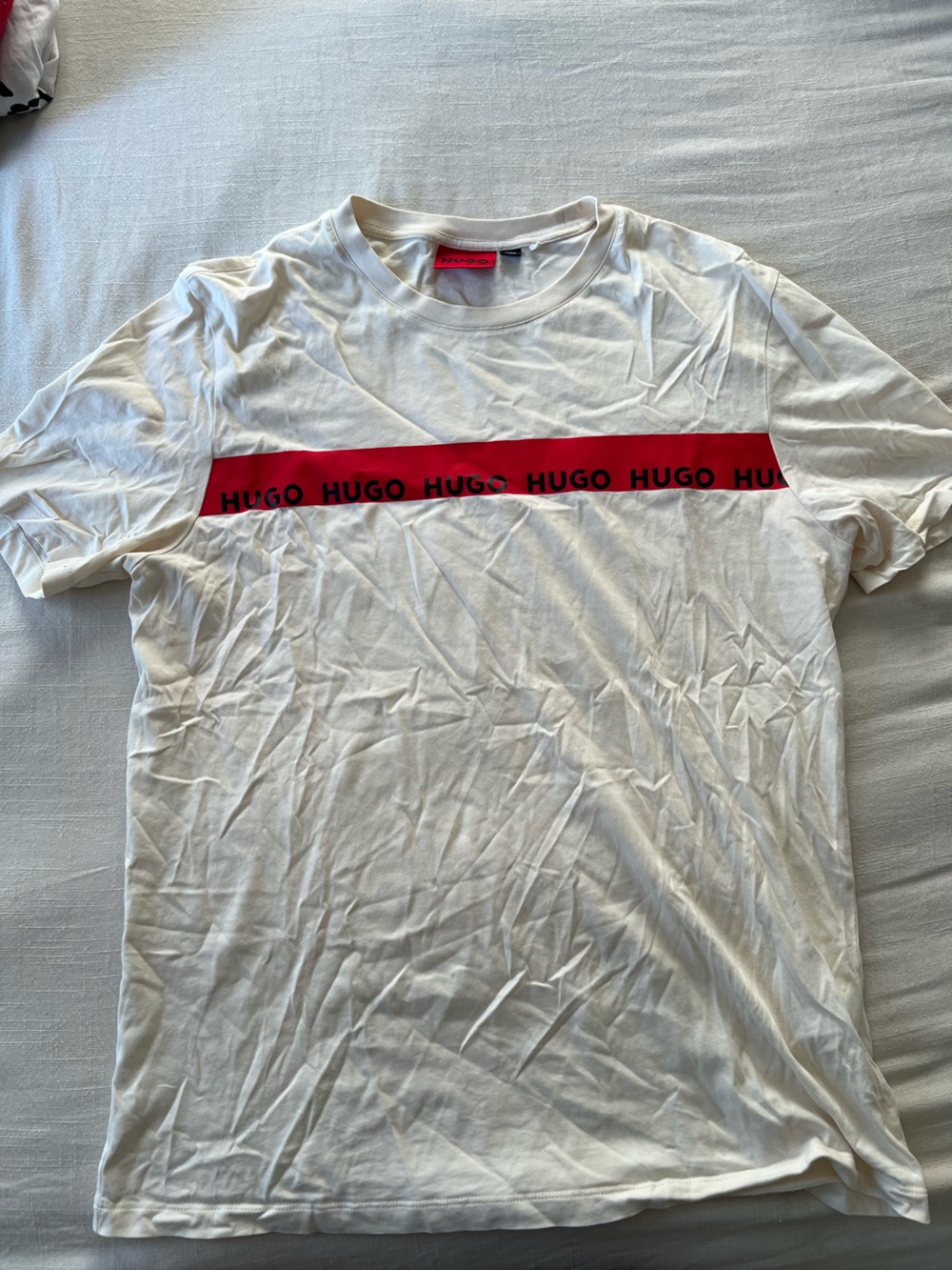 HUGO White Tee with Red Logo Stripe